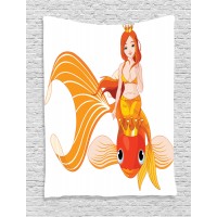 Mermaid Decor Wall Hanging Tapestry, Pretty Princess Mermaid Riding On A Golden Fish Swimming Animals Happy, Bedroom Living Room Dorm Accessories, Gift Ideas, By Ambesonne   